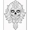 A black and white outline drawing of a sugar skull with decorative flowers and patterns, featuring long hair and a bow tie, suitable for coloring.