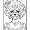 A black-and-white line drawing of a female skeleton with a decorated skull, adorned with intricate floral patterns and wearing a dress with lace details. She has roses in her hair and earrings, enhancing her Dia de los Muertos aesthetic.