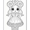 A black-and-white illustration of a cute cartoon girl with large eyes, wearing a dress with flowers and a bow, adorned with flowers in her hair and standing with her arms at her sides.