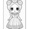 A cartoon-style doll with large expressive eyes, wearing a long dress with puffed sleeves and a floral pattern along the hem. The doll has a round face, rosy cheeks, and her head is adorned with two large flowers. The image is outlined in black for coloring.