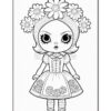 A black and white coloring page illustration of a doll-like character with large eyes and flower decorations in her hair. She is wearing a dress adorned with roses and has a bow at her collar.