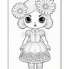 A black and white illustration of a doll with big eyes and a serious expression, wearing a dress with floral patterns and puffed sleeves, adorned with two large flowers in her hair.