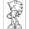 A cartoon character resembling a blue hedgehog standing confidently with one hand giving a thumbs up and the other in a fist, wearing oversized red shoes, outlined for coloring.