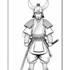 A black and white illustration of a samurai warrior wearing traditional armor and a helmet with elongated horns, standing confidently with a katana at his side.