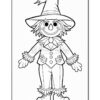 A black and white illustration of a cheerful scarecrow with a broad-brimmed hat, buttoned vest, and straw hands, standing in a friendly pose with flower decorations on his pockets.