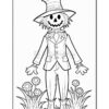 A black and white illustration of a cheerful scarecrow with a pumpkin head, wearing a striped hat, a buttoned jacket, and trousers, standing amidst flowers and grass.