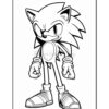 A black and white cartoon character resembling a blue hedgehog with spiky hair, standing confidently with clenched fists and wearing red shoes. The character has large eyes and an aggressive expression, set against a plain background. Ideal for coloring.