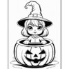 A cartoonish girl wearing a pointed witch hat is playfully peeking from inside a carved pumpkin, which has a classic jack-o'-lantern face. The image is in black and white, resembling a coloring page.
