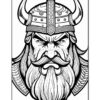 A detailed black and white illustration of a Viking warrior's head, featuring a horned helmet, fierce expression, and a long, thick beard.