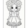 A line drawing of a doll with large eyes and a floral headband, wearing a button-up dress adorned with flowers at the hem, standing in a simple pose.