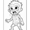 A cartoonish zombie child with large eyes, sharp teeth, and short spiky hair, wearing a striped shirt and showing a menacing pose with one hand raised. The character has a playful yet spooky appearance, featuring patches and bumps on its skin.