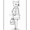 A cartoon character of a mouse wearing a school uniform, featuring a button-down shirt and a plaid skirt, carrying a backpack and standing with one hand on the strap of a smaller bag.