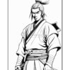 A stylized black and white illustration of a samurai, featuring a serious expression and long hair tied back, dressed in traditional armor with a sword at his side, set against a plain background.