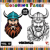 A promotional image for a coloring book titled 'Vikings Coloring Pages', featuring a colorful illustration of a Viking warrior with a blue helmet and a beard on the left side, and a black and white outline drawing of another Viking on the right. The text includes '100 Pages', 'Vol. 10', and 'Coloring Pages' prominently displayed.