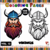 Cover of a coloring book titled 'Vikings Coloring Pages', featuring two illustrated Viking characters with distinct beards and helmets, on a colorful background with colored pencils, and labeled 'Vol. 12' and '100 Pages'.