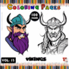 Cover of a coloring book titled 'Vikings Coloring Pages', featuring two illustrated Viking characters with helmets and beards alongside colorful pencil illustrations, labeled as 'Vol. 13' and '100 Pages'.