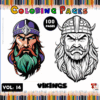 Cover of a Vikings coloring book featuring two stylized illustrations of Viking warriors; one has a purple helmet and colorful beard, while the other has a traditional helmet and more defined facial features. Text includes 'Vikings Coloring Pages', '100 Pages', and 'Vol. 14'.