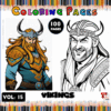 Cover of a coloring book titled 'Vikings Coloring Pages' featuring two illustrations: one colored drawing of a Viking with long hair and a horned helmet, and one black and white outline drawing of a Viking with a crown. The title and volume number are prominently displayed at the top and bottom.