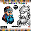 A colorful cover for a coloring book titled 'Vikings Coloring Pages Vol. 5', featuring two stylized Viking characters: one with a blue beard and horned helmet, the other with a white beard and classic Viking helmet. The background has colored pencils and highlights the book's total of 100 pages.