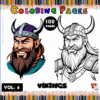 Coloring book cover titled 'Vikings Coloring Pages Vol. 6', featuring a vibrant, cartoonish Viking character with a horned helmet and a red beard on the left, and a black and white outline version of the same character on the right, surrounded by colorful pencils at the bottom.