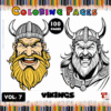 A cover for a Viking-themed coloring book, featuring two illustrated characters with long beards and horned helmets, one in color and the other in black and white. The title 'Vikings Coloring Pages' is prominently displayed at the top, along with 'Vol. 7' and '100 Pages'.