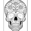 A black and white illustration of a decorative skull adorned with various flowers, including daisies, and intricate patterns on the surface of the skull.
