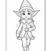 A cartoon-style elf character with a pointed striped hat and large ears, wearing a festive outfit with a belt, walking confidently and smiling at the viewer. The image is a coloring page with bold outlines on a white background.