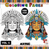 Cover of an Aztec coloring book featuring an illustrated Aztec warrior's face in both detailed and black-and-white styles, with colorful text stating 