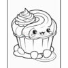 A cute cartoon cupcake with a smiling face, topped with swirled frosting, sitting on a small plate with multiple decorative candies. The illustration is outlined for coloring.