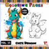 A colorful book cover titled 'Cute Dragon Coloring Pages' featuring a vibrant illustration of a cartoon dragon on the left and a simpler black-and-white outline of another cute dragon on the right. The cover mentions '100 pages' and 'Vol. 23'. The background is decorated with colorful pencil-like patterns.