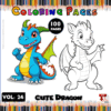 A colorful book cover featuring two cartoon dragons: a blue, cheerful dragon with green and red accents on the left and a simple line drawing of a white dragon on the right. The title 'Cute Dragon Coloring Pages' is prominently displayed at the top, with '100 PAGES' highlighted in a circle and 'VOL. 24' in the corner. The background includes a border of colored pencil illustrations.