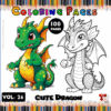 A coloring book cover featuring two cartoon dragons: one colorful and friendly-looking green dragon on the left, and a more whimsical black-and-white outline of a dragon on the right. The title reads 'Cute Dragon Coloring Pages' with 'VOL. 26' and '100 PAGES' prominently displayed underneath it, framed by a colorful border resembling crayon colors.
