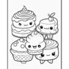 A cartoon-style black and white illustration of five adorable desserts: two cup cakes with smiling faces, a small ice cream cone, and a dessert dish with cherries on top, arranged in a cheerful manner.