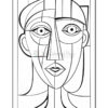 A black and white outline drawing of a stylized human face, featuring geometric shapes and exaggerated features such as large, round eyes, a pointed nose, and thick lips, with long hair flowing down the sides.