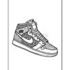 A black and white line drawing of a high-top sneaker featuring intricate patterns and designs, including dots and waves, with a prominent Nike swoosh logo on the side.