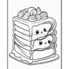 A cartoon-style illustration of a three-layered cake with smiling faces on each layer, topped with whipped cream and a cherry, all outlined for coloring.