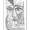 A black-and-white geometric line drawing depicting an abstract face with a variety of shapes, angles, and patterns, featuring large eyes and a distinct triangular nose.