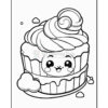 A cute cartoon cupcake with a smiling face, featuring a swirled frosting top and decorative details, surrounded by small cloud-like shapes.