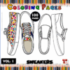 A colorful poster for a sneaker-themed coloring book featuring various sneaker designs outlined for coloring, with vibrant patterns and a title reading 'Sneakers Coloring Pages' at the top. The design includes a colorful pencil border and mentions '100 Pages' and 'Vol. 1' in an engaging font.
