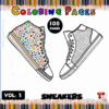 A coloring page featuring two sneakers: one decorated with a colorful heart pattern and the other with a grid design, against a background of colored pencils, labeled 'Sneakers Coloring Pages Vol. 3' with a note about 100 pages available.