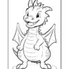 A cartoon dragon with a big smile, standing upright with small wings and a round body covered in horizontal stripes and spots.