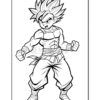 A dynamic, cartoon-style character with spiky hair and a determined expression, wearing a sleeveless top and loose pants, standing in a strong pose with fists clenched. The image is outlined for coloring.