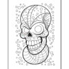 A black and white line art illustration of a skull, featuring exaggerated facial features and a patterned top, surrounded by bubbles and a swirling, shell-like design at the bottom.