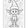 A black and white line drawing of a cheerful elf with pointed ears, wearing a striped hat, a tunic, and bell-tipped shoes, surrounded by whimsical swirls and shapes.