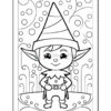 A black and white coloring page featuring a cheerful elf with pointed ears, wearing a striped hat and a vest with a belt. The elf stands in a whimsical background filled with swirls and circles.