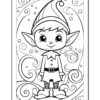 A cartoon-style black and white illustration of an elf with pointed ears and a curled hat, standing amidst swirling patterns and circles.
