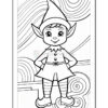 A black and white line drawing of a cheerful elf with pointed ears, wearing a pointed hat, standing with hands on hips. The background features abstract swirling patterns.