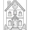 A black and white coloring page featuring a whimsical house with a sloped roof, a flower design above the door, and circular decorations on the door. There are two windows and snow-covered bushes beside the house, creating a playful, festive scene.
