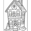 Black and white outline drawing of a whimsical gingerbread house, featuring a gingerbread person, decorative windows, and surrounding details like trees and rocks.