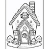 A black and white drawing of a charming gingerbread-style house with a circular window, a candy-like door, and candy-shaped decorations in the yard, accompanied by small mushroom-like structures.